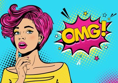 Wow female face. Sexy surprised young woman with open mouth and pink hair, bright makeup and OMG! speech bubble. Vector colorful background in pop art retro comic style. Party invitation poster.