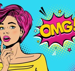 Wow female face. Sexy surprised young woman with open mouth and pink hair, bright makeup and OMG! speech bubble. Vector colorful background in pop art retro comic style. Party invitation poster.
